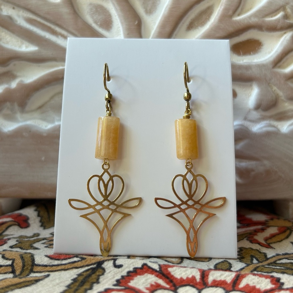 Handmade Yellow Jade Geometric Brass Boho Earrings -  2.25” Drop - New